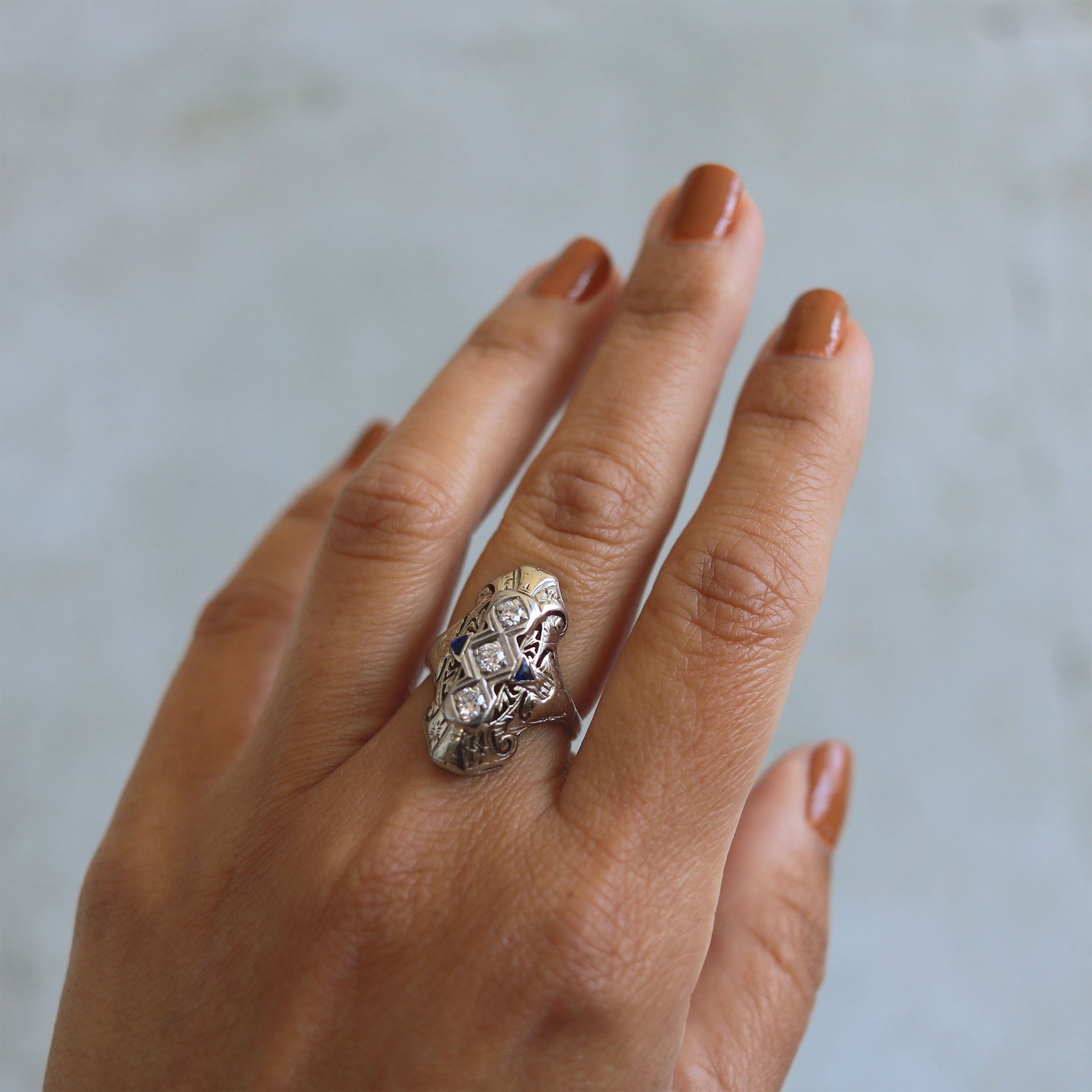 Art Deco Navette Old European Cut Diamond & Synthetic Sapphire Platinum Ring