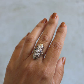 Art Deco Navette Old European Cut Diamond & Synthetic Sapphire Platinum Ring