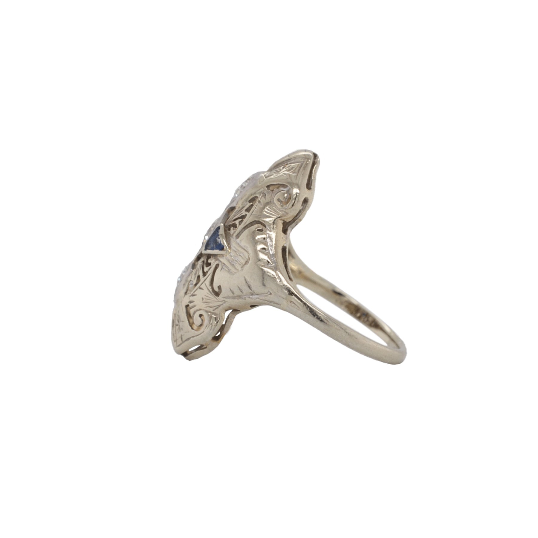 Art Deco Navette Old European Cut Diamond & Synthetic Sapphire Platinum Ring