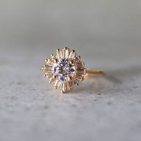 Baguette Cut Diamond Halo 14K Yellow Gold Engagement Ring