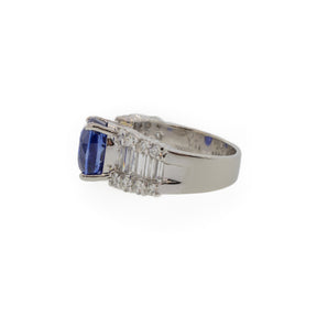 Platinum 5.85 Carat Blue Sapphire and Baguette Diamond Ring