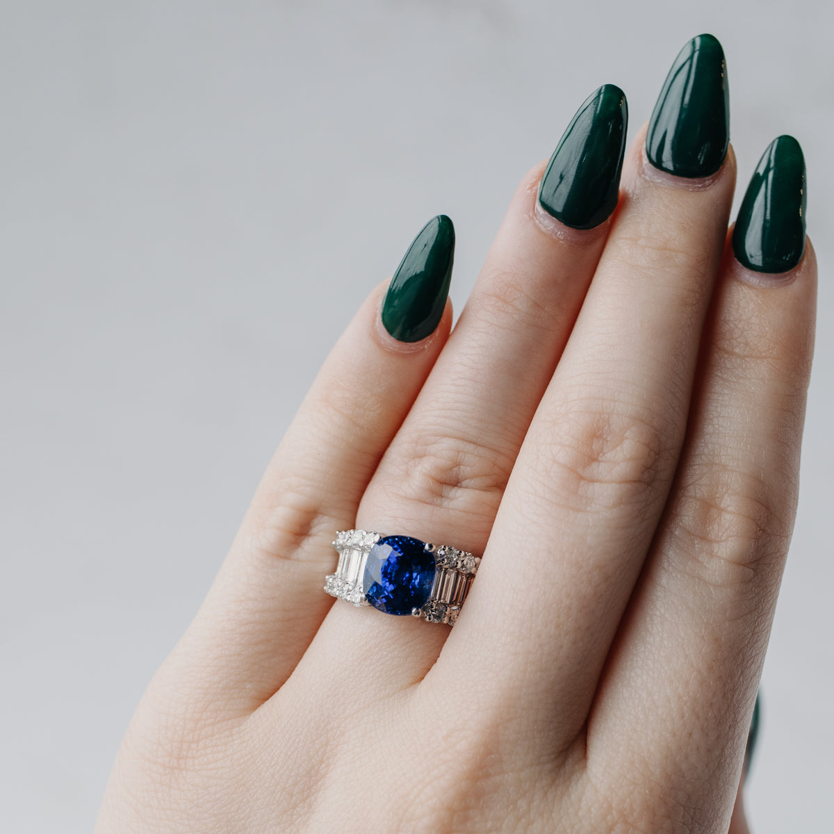 Platinum 5.85 Carat Blue Sapphire and Baguette Diamond Ring