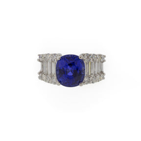 Platinum 5.85 Carat Blue Sapphire and Baguette Diamond Ring