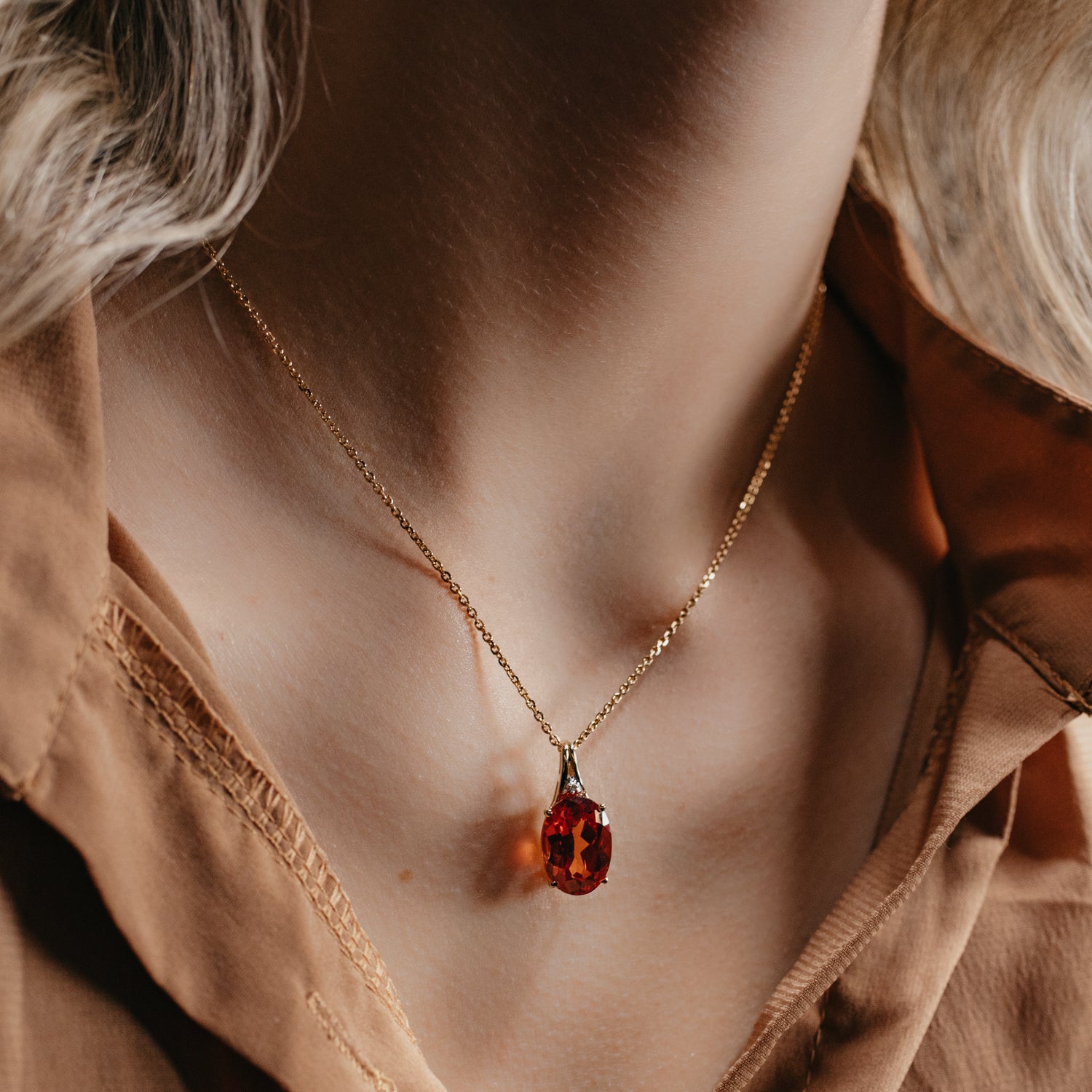 14K Yellow Gold Orange Lab Sapphire Pendant Necklace