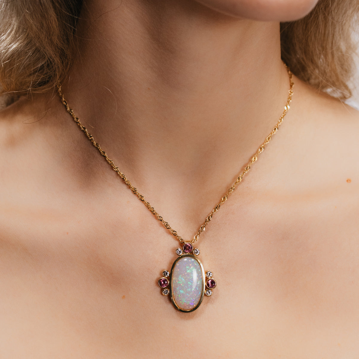 11.03ct Opal, Pink Tourmaline & Diamond Pendant 18K Yellow Gold Necklace
