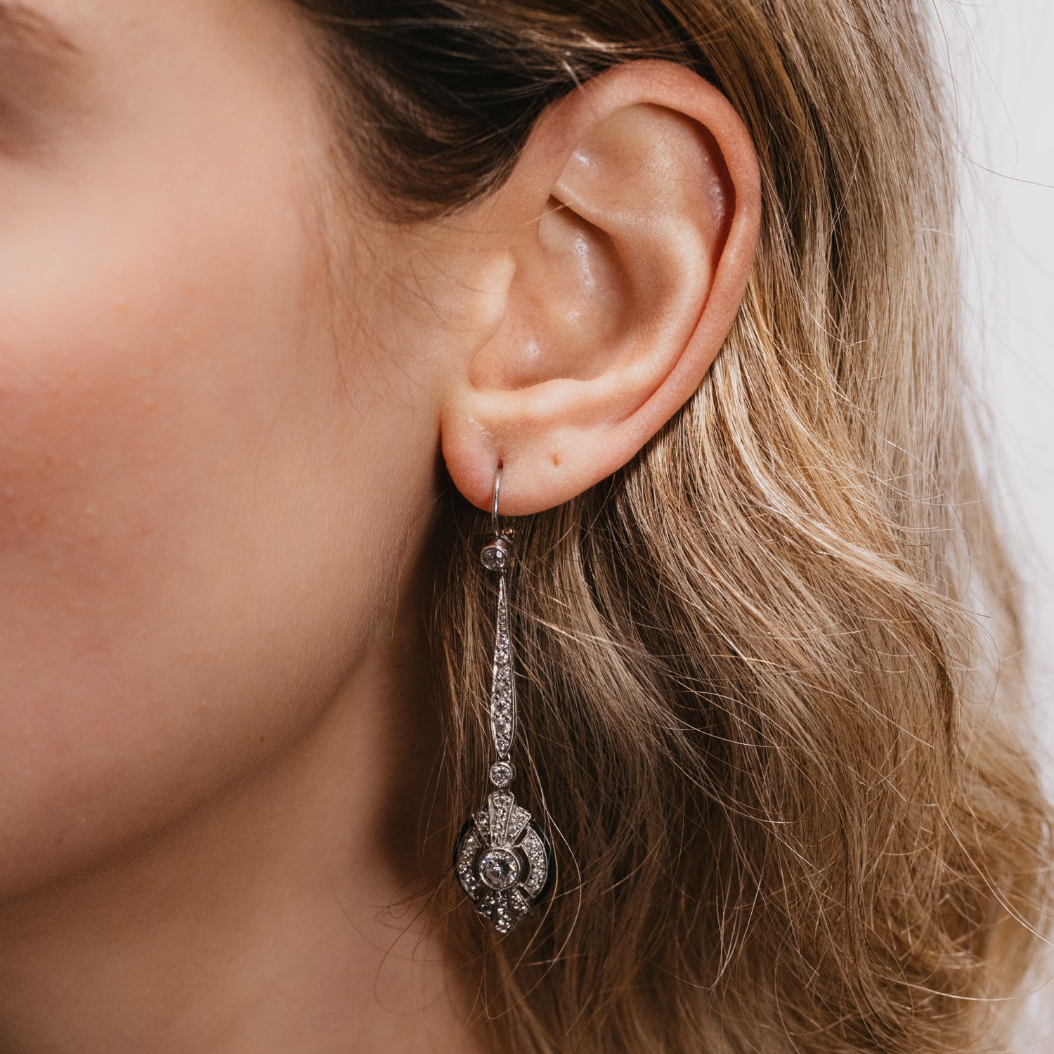 Art Deco Era Diamond & Black Enamel Dangle Earrings