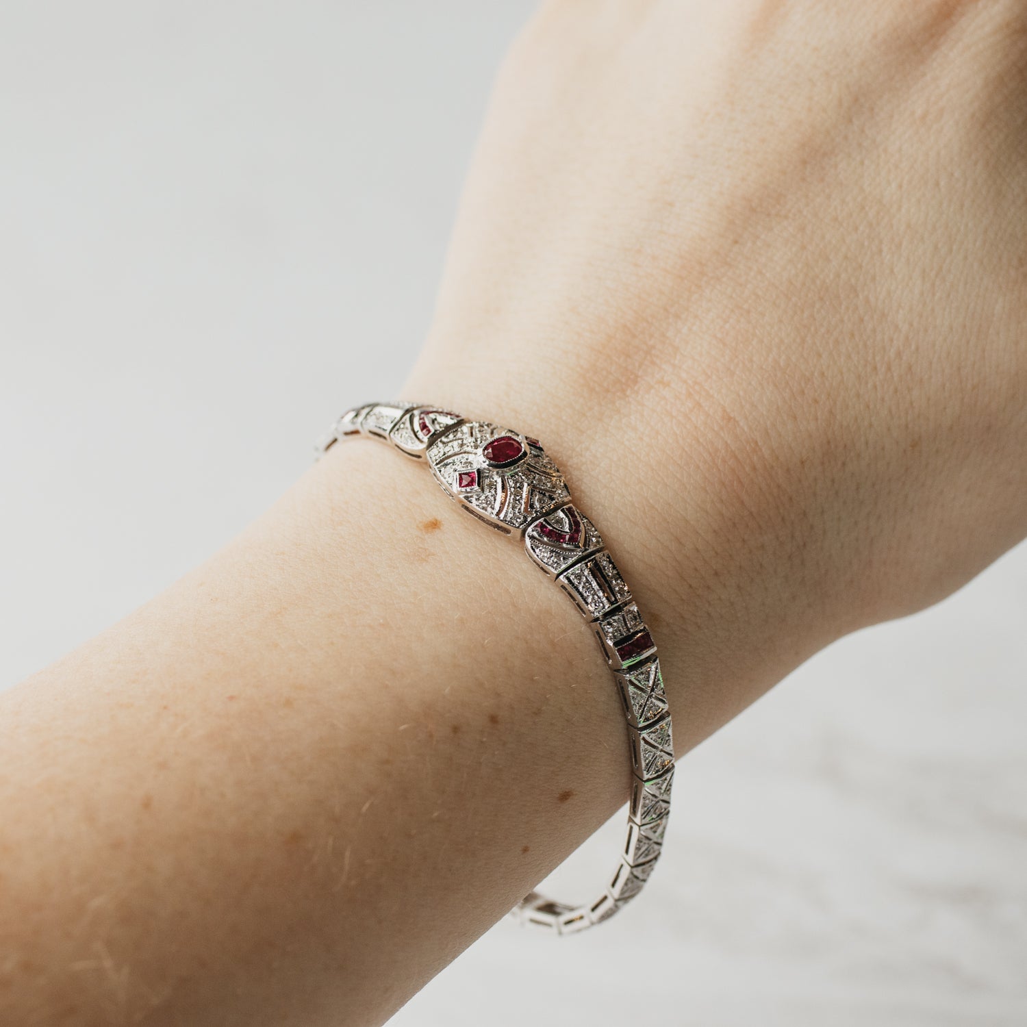 Ruby and Diamond Art Deco Style 14K White Gold Bracelet