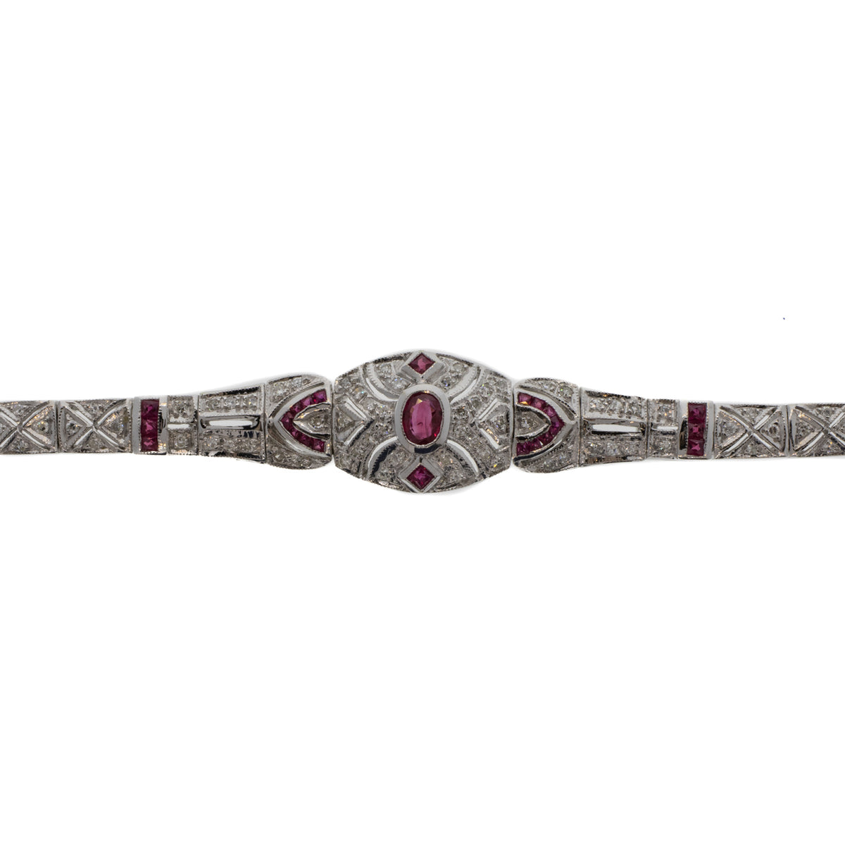 Ruby and Diamond Art Deco Style 14K White Gold Bracelet