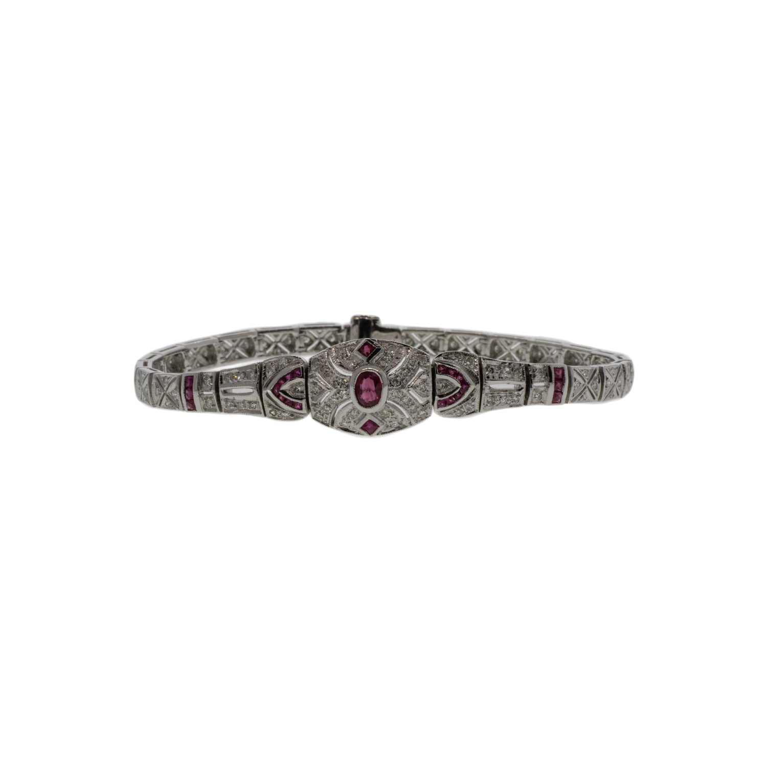 Ruby and Diamond Art Deco Style 14K White Gold Bracelet