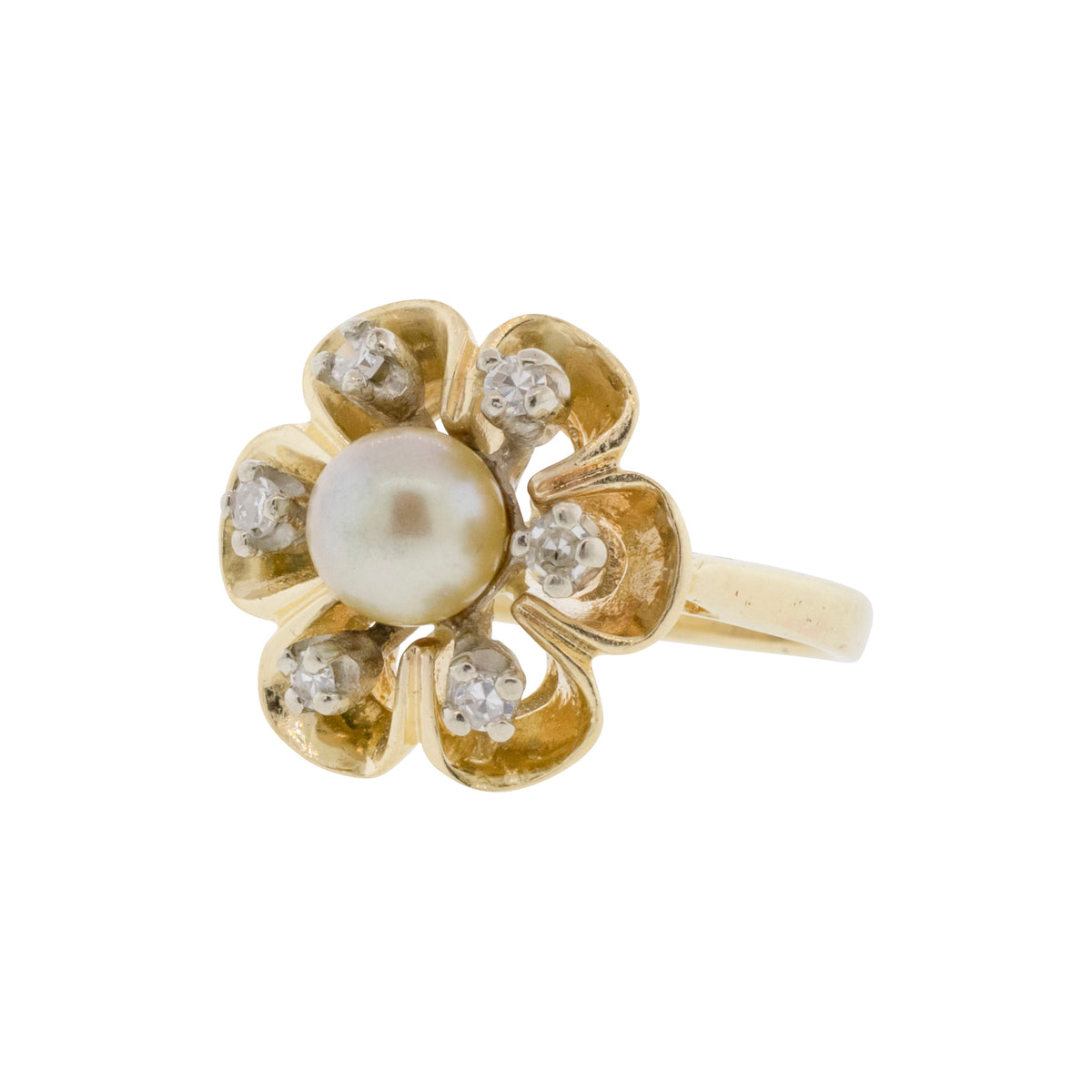 Golden Pearl and Diamond Petal Ring