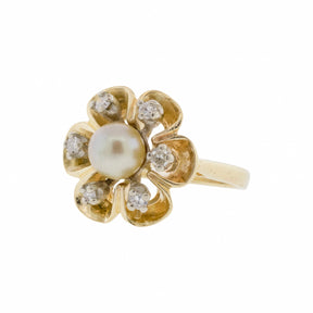 Golden Pearl and Diamond Petal Ring