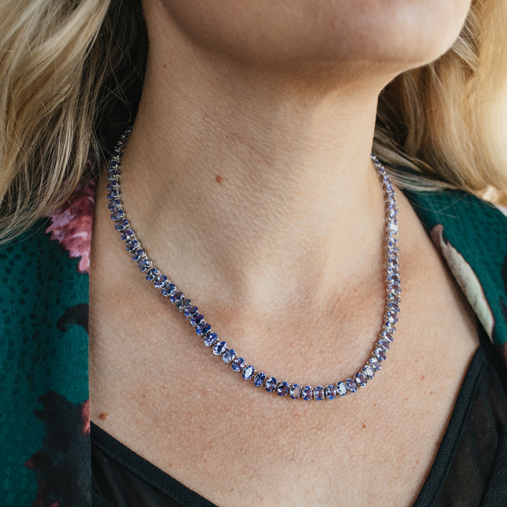 14K White Gold Oval Tanzanite Line Necklace