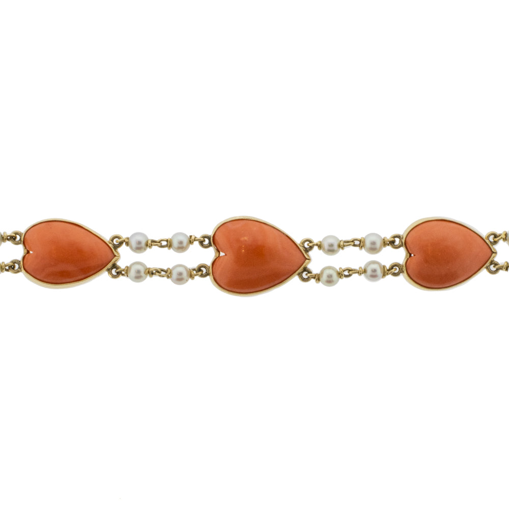 Vintage Coral and Pearl Double Line Bracelet