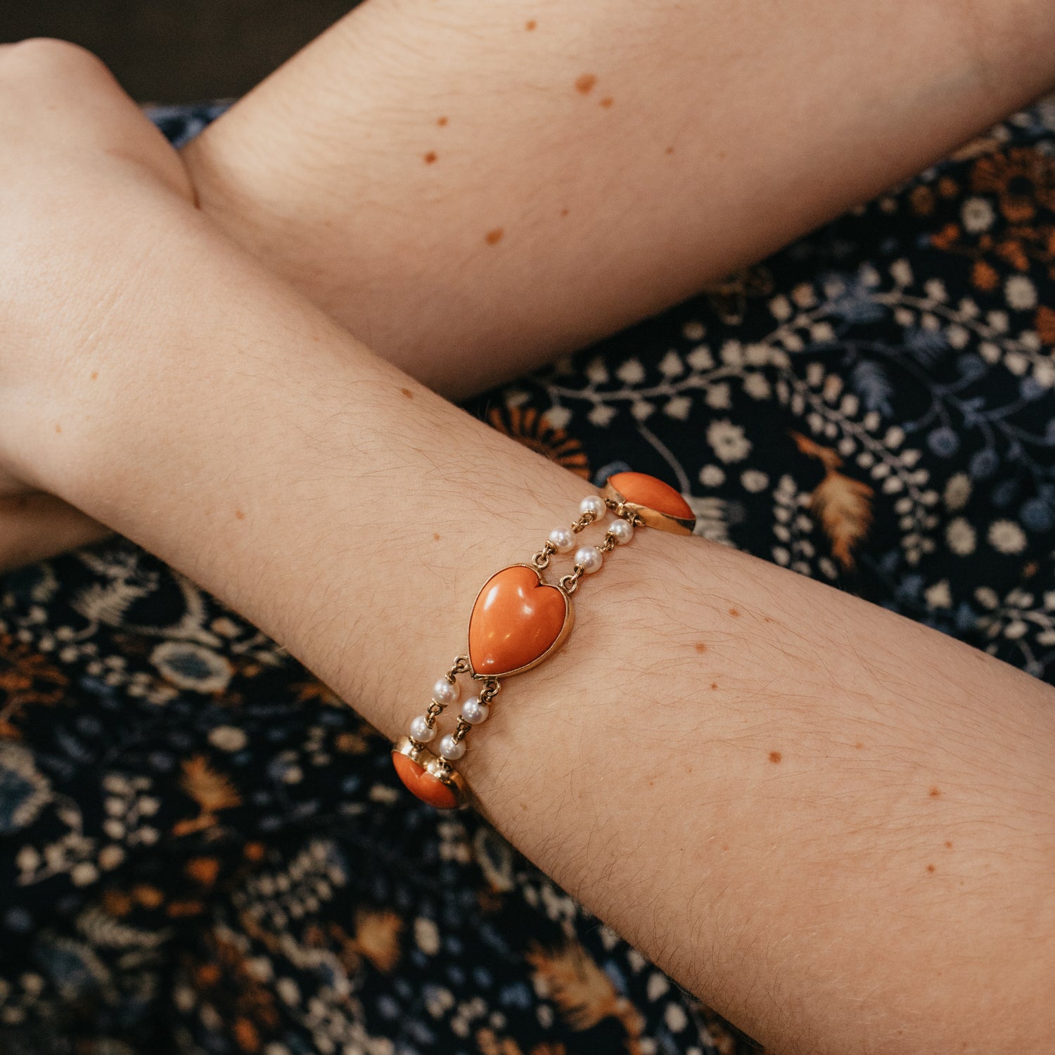 Vintage Coral and Pearl Double Line Bracelet