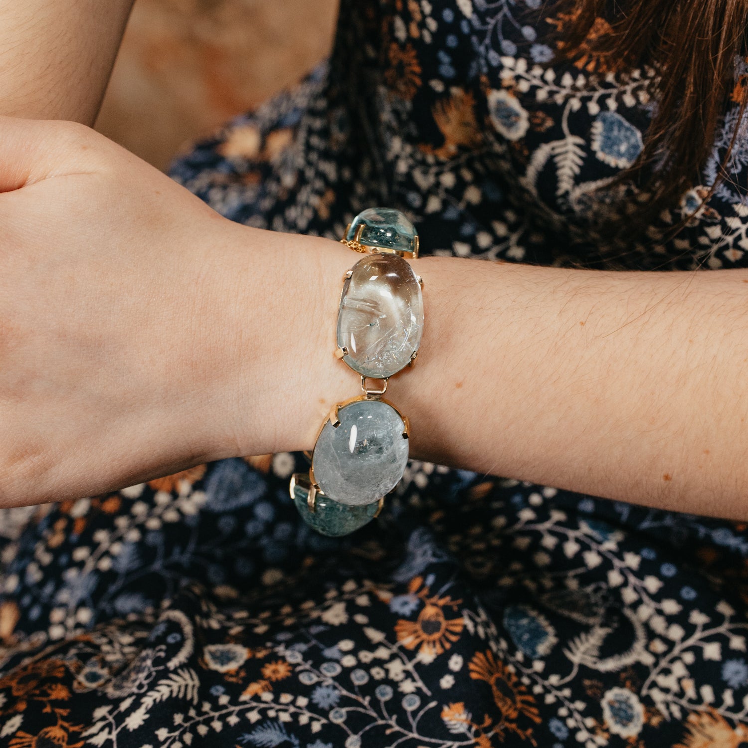 323ctw Cabochon Cut Aquamarine Bracelet 14K Yellow Gold