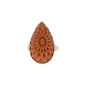 Carved Floral Antique Coral 14K Yellow Gold Ring