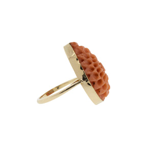 Carved Floral Antique Coral 14K Yellow Gold Ring