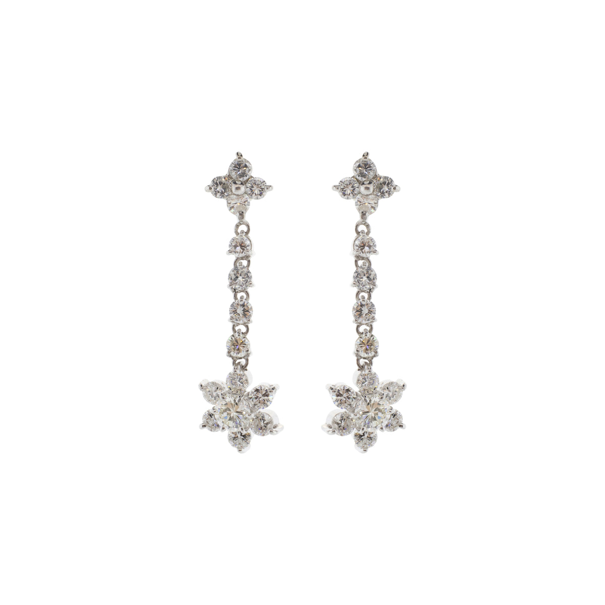 18K White Gold Floral Diamond Dangle Earrings