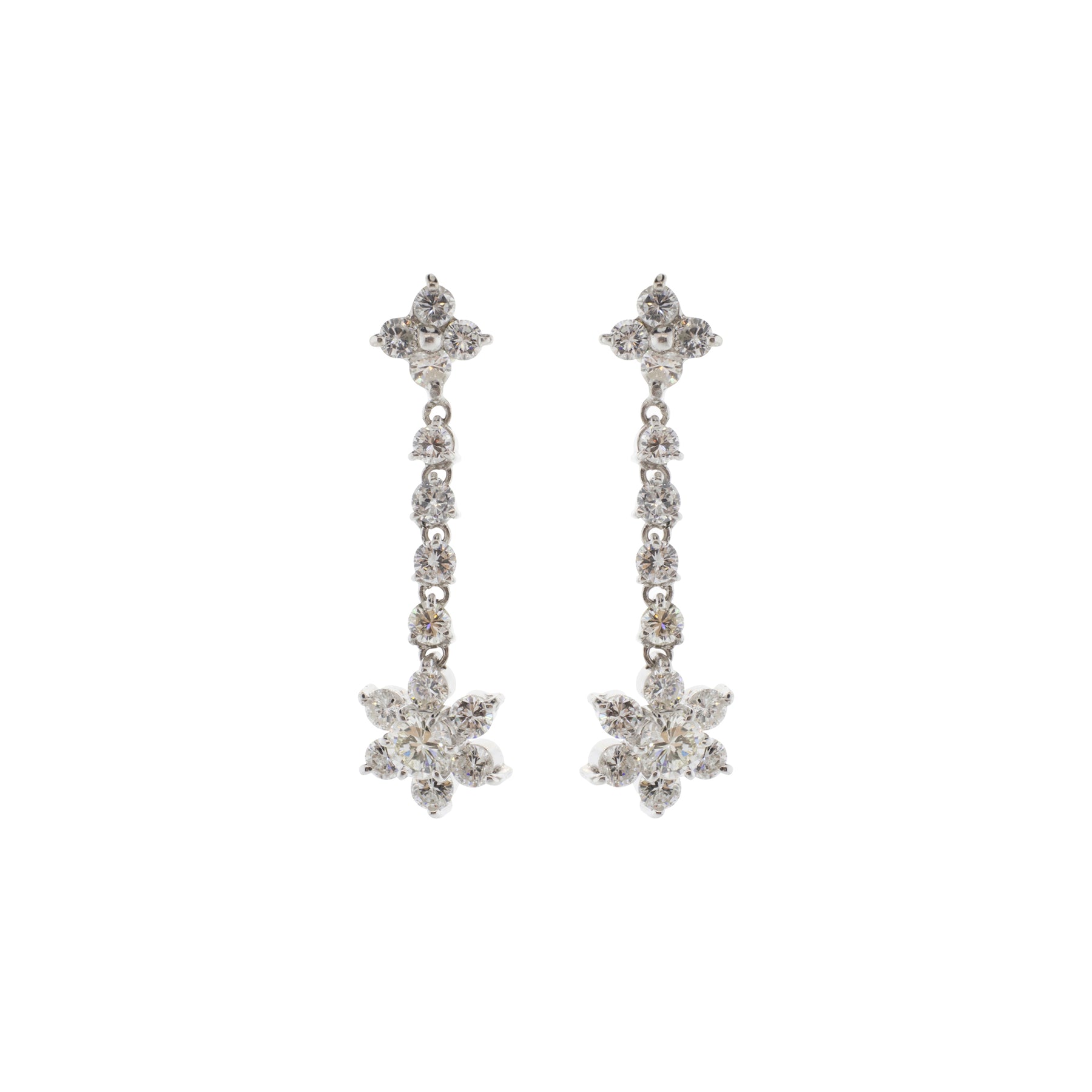 18K White Gold Floral Diamond Dangle Earrings