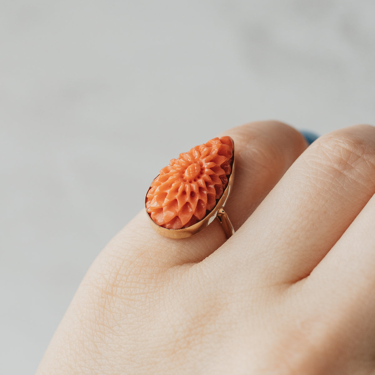 Carved Floral Antique Coral 14K Yellow Gold Ring
