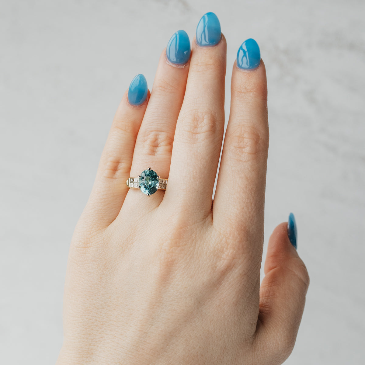 18K Yellow Gold Oval Cut Mint Tourmaline and Diamond Ring