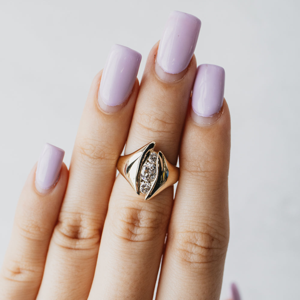 Old Mine and Round Brilliant Three-Stone Diamond Ring