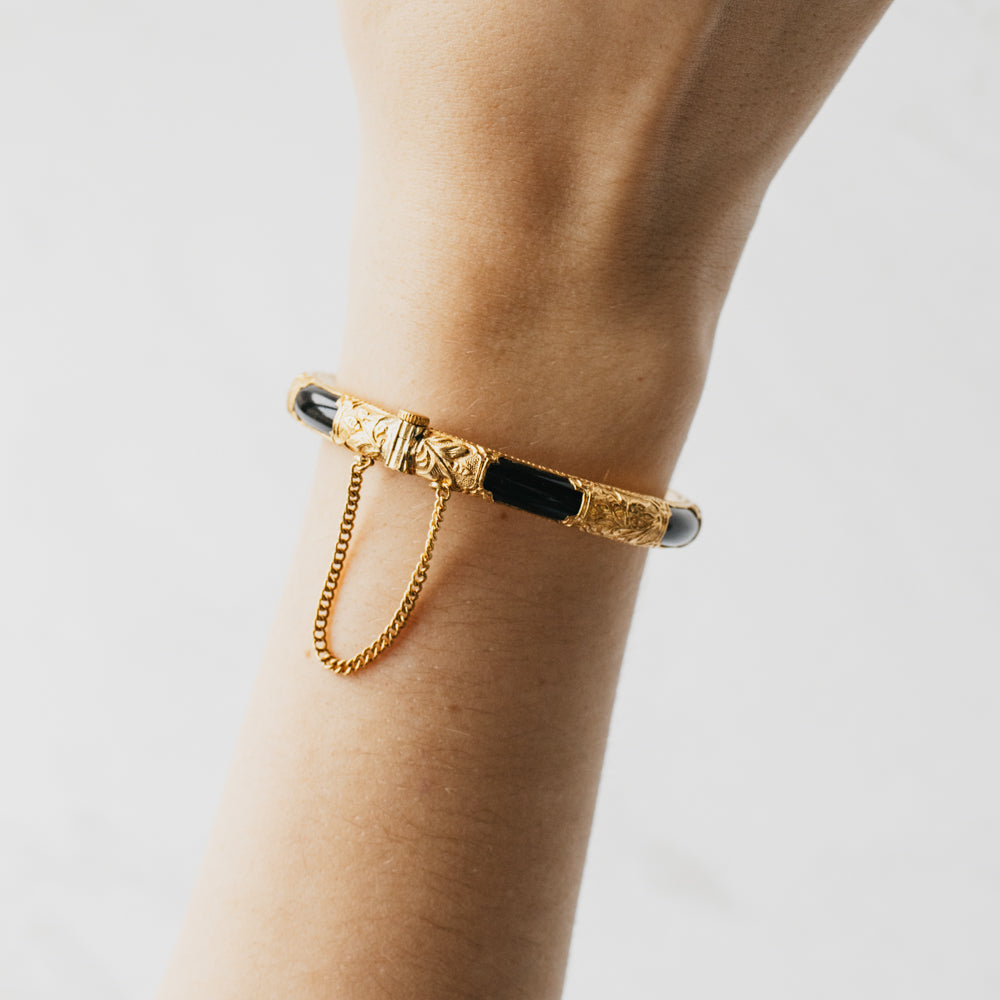 22K Yellow Gold Engraved Bangle with Onyx