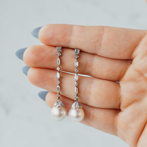 Platinum European South Sea Pearl & Diamond Dangle Earrings