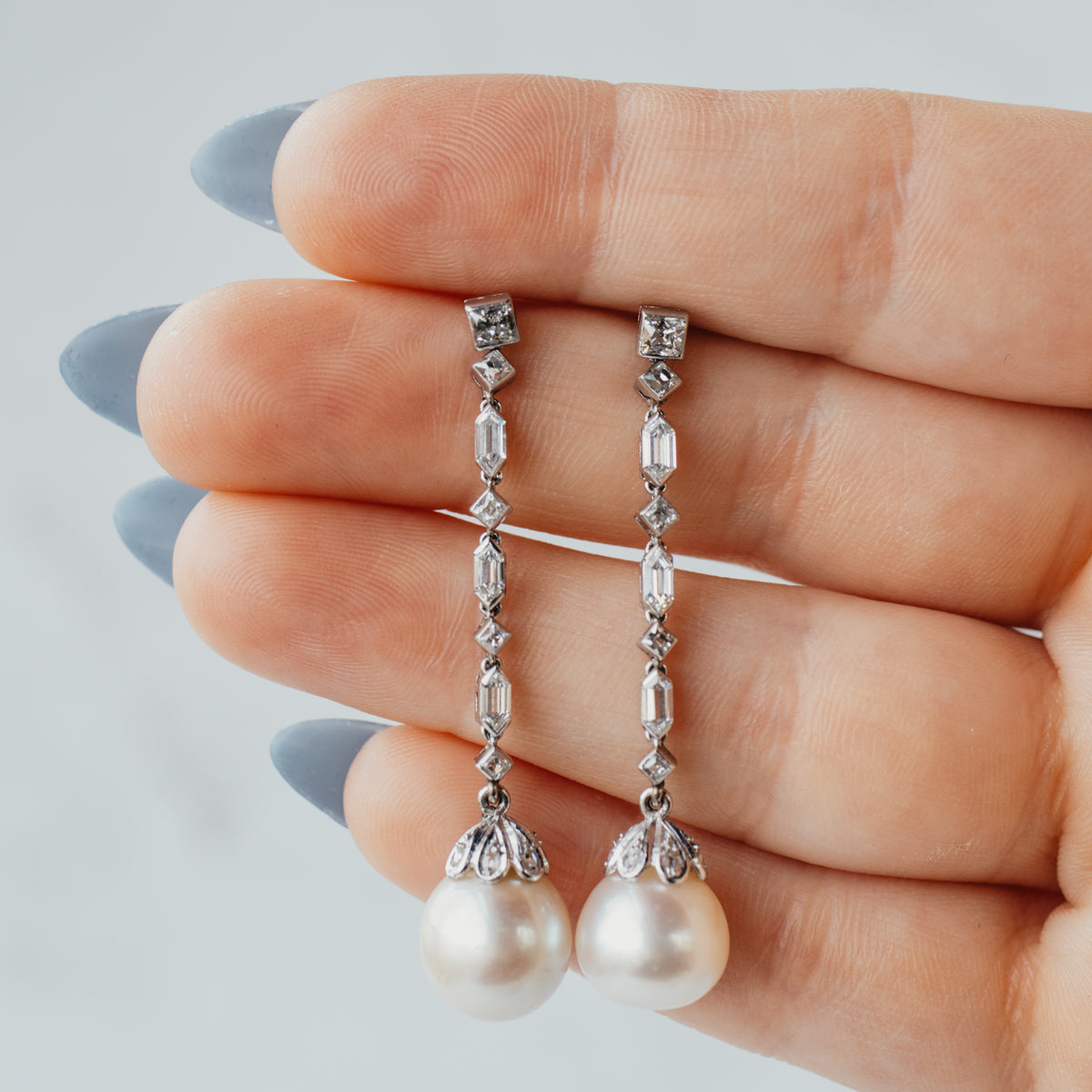 Platinum European South Sea Pearl & Diamond Dangle Earrings