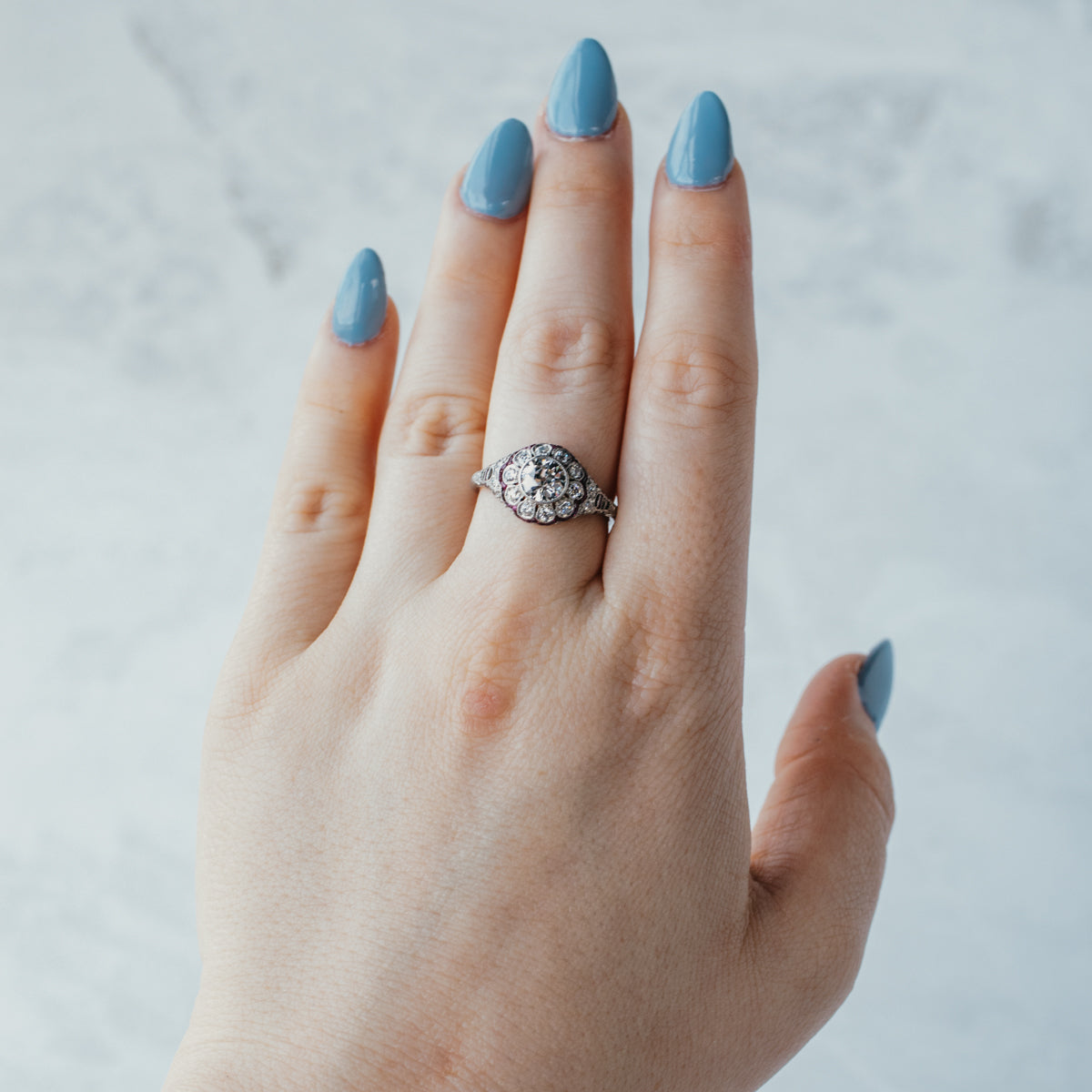 Platinum 1.03ct H-I/I1 Old European Diamond & Ruby Ring