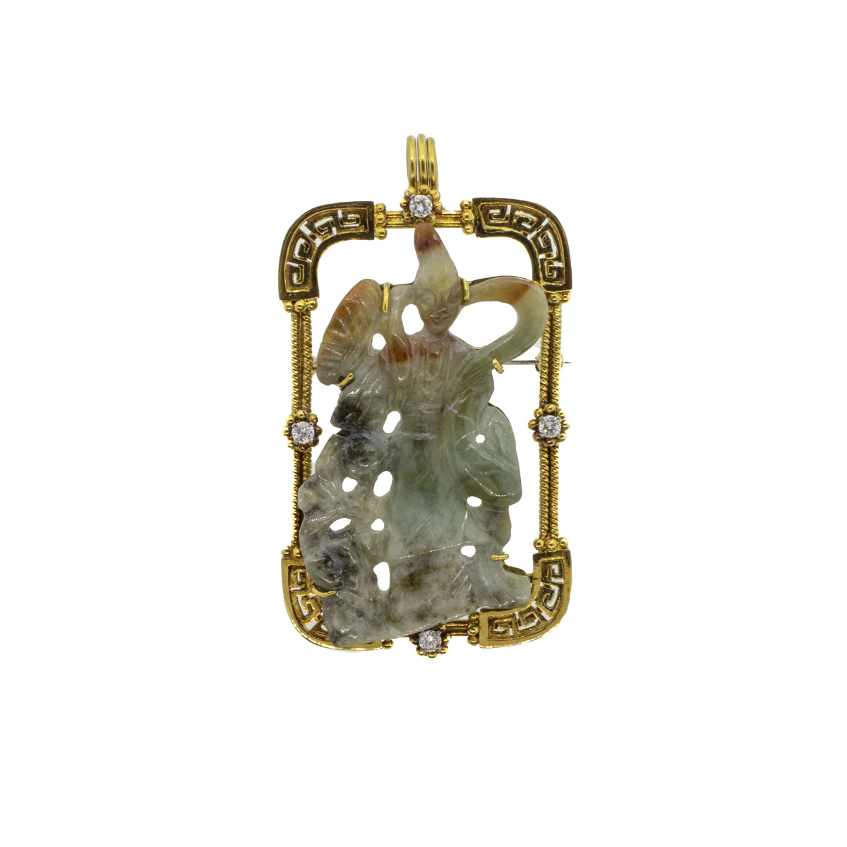 Jadeite and Diamond Tennyo 18K Yellow Gold Pendant/Pin