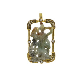 Jadeite and Diamond Tennyo 18K Yellow Gold Pendant/Pin