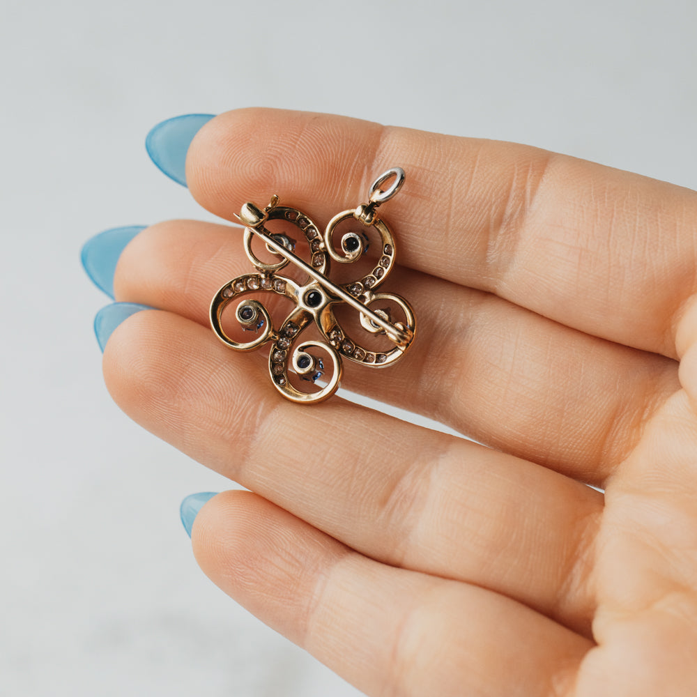 Victorian Sapphire and Diamond Floral Swirl Pin Pendant