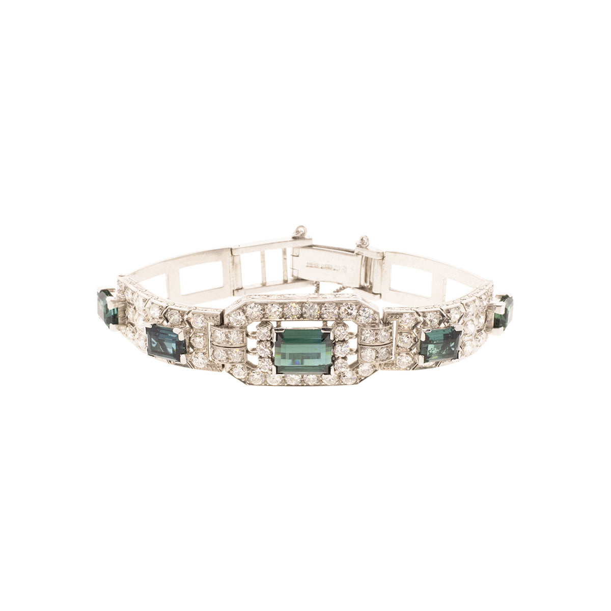 Platinum, 18K, & 9K White Gold Assembled Art Deco Indicolite & Diamond Bracelet