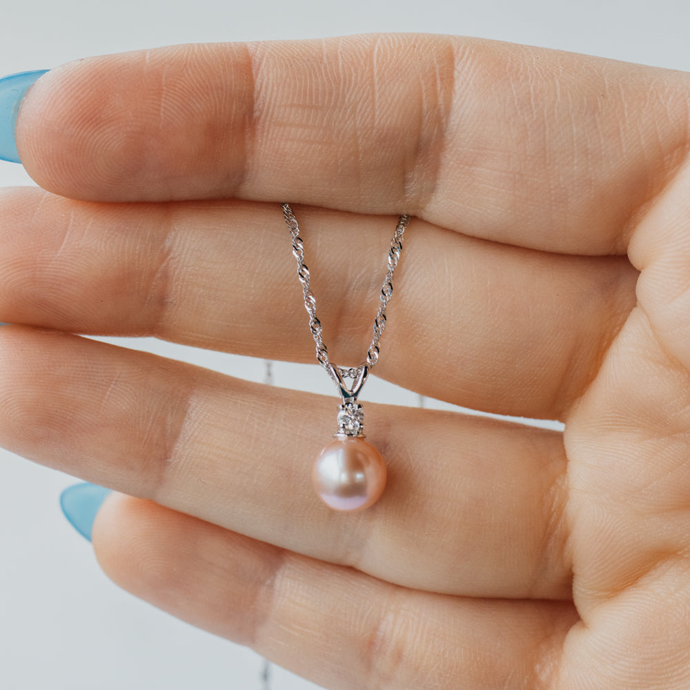14K White Gold Diamond Accented Pink Pearl Necklace