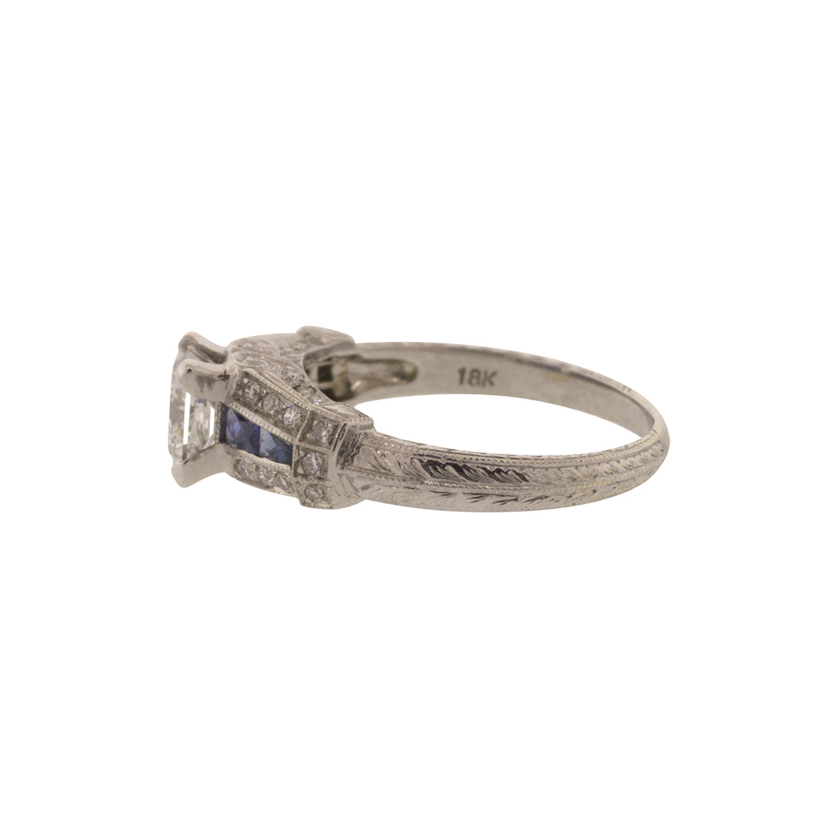 18K White Gold Princess Cut Diamond & Sapphire Ring