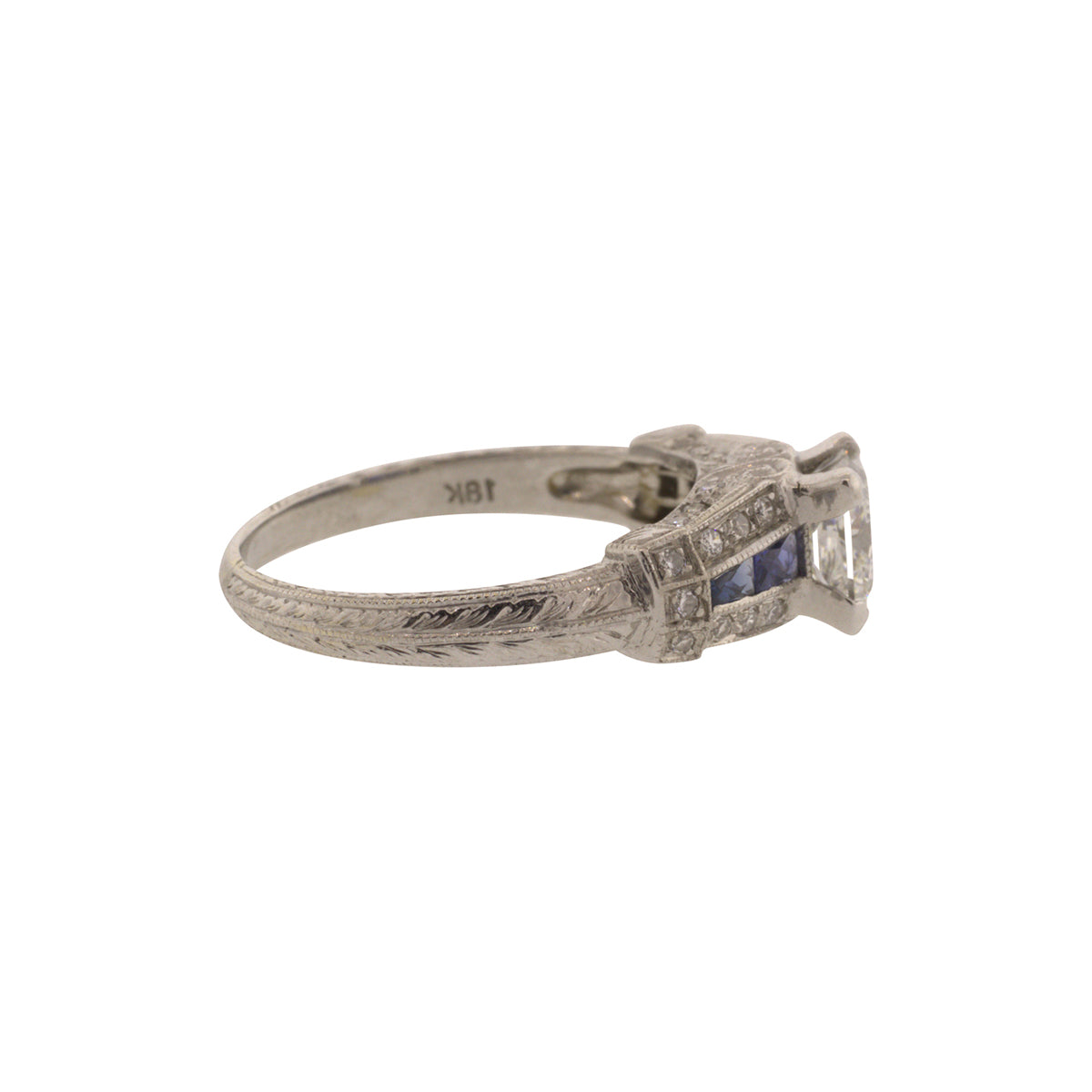 18K White Gold Princess Cut Diamond & Sapphire Ring
