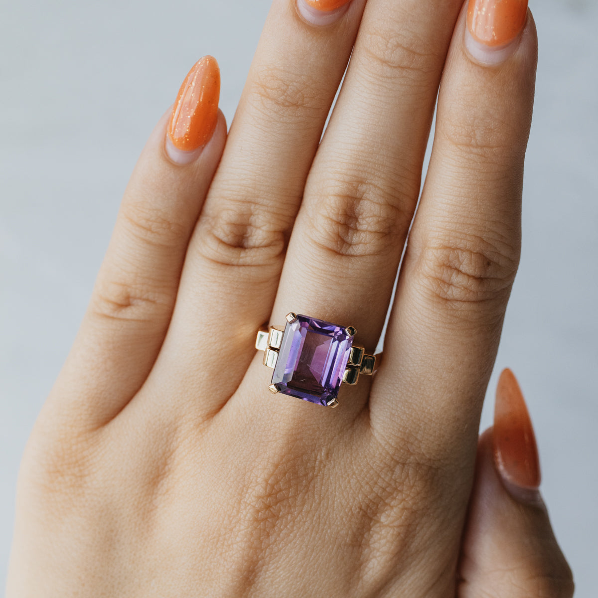 14K Yellow Gold Emerald Cut Amethyst Ring
