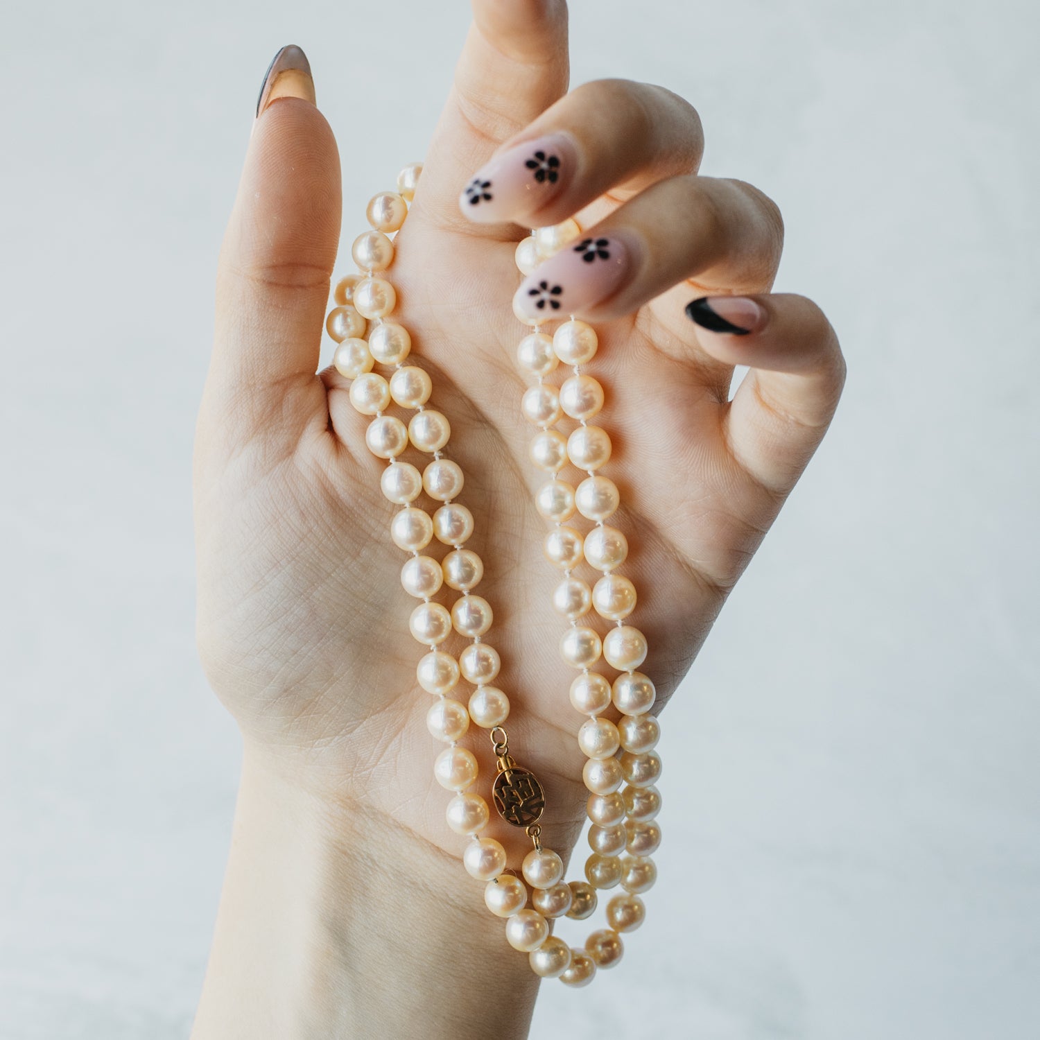 Japanese Akoya Pearl Strand with 'Good Fortune' Stamped 14K Yellow Gold Clasp