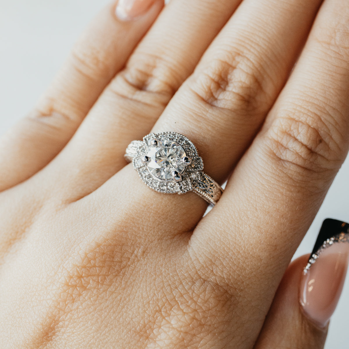 14K White Gold 1.94ctw Diamond Halo Engraved Ring