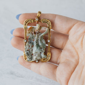 Jadeite and Diamond Tennyo 18K Yellow Gold Pendant/Pin