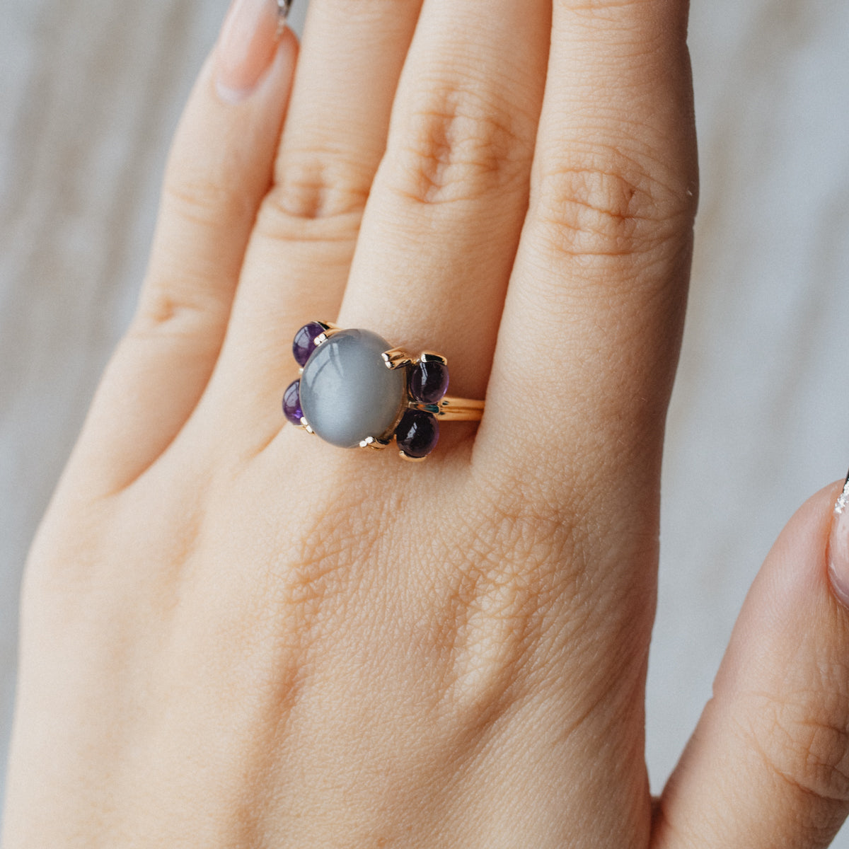 10K Yellow Gold Cat's-Eye Moonstone & Amethyst Ring