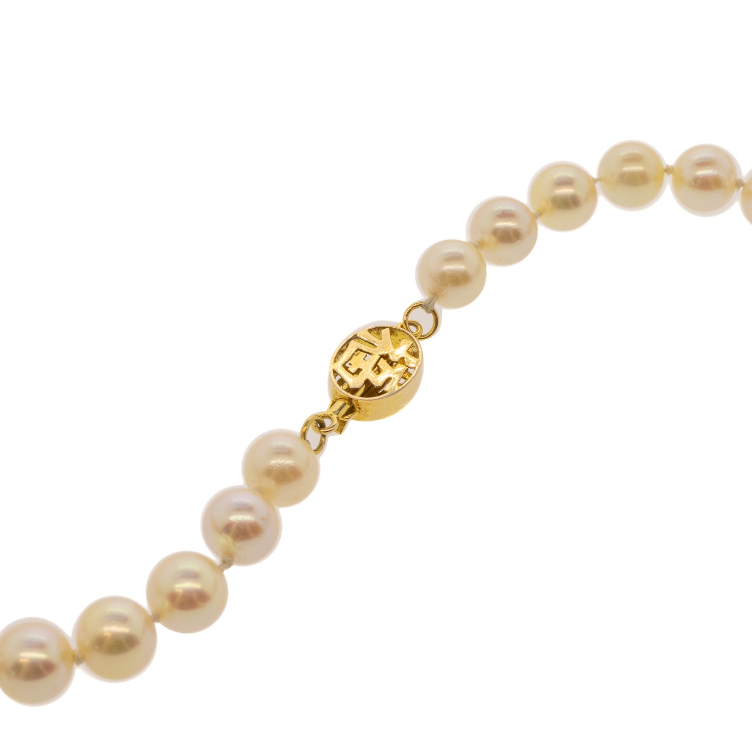 Japanese Akoya Pearl Strand with 'Good Fortune' Stamped 14K Yellow Gold Clasp