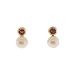18K Yellow Gold Freshwater Cultured Pearl & Pink Tourmaline Earrings