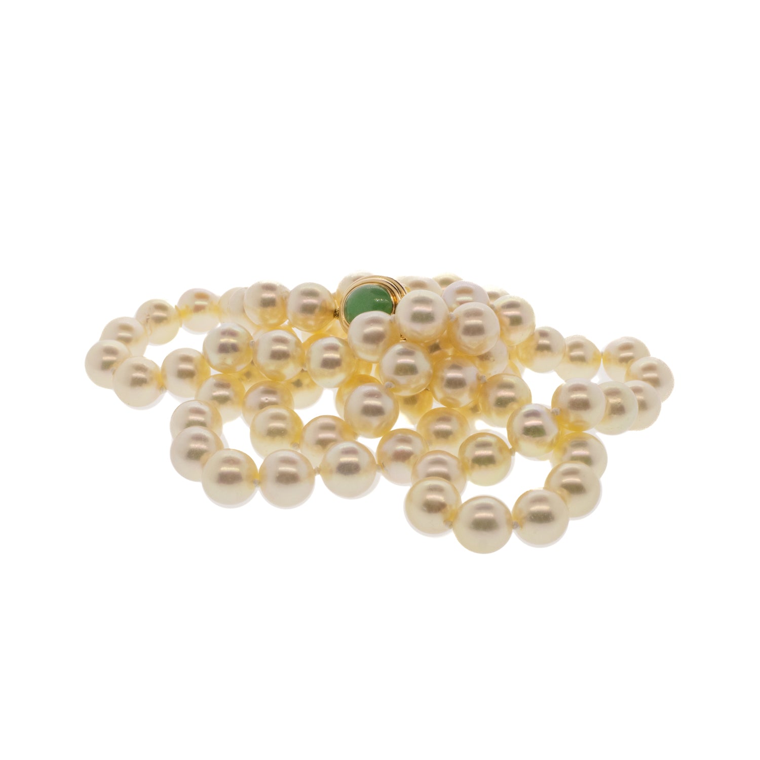 Opera Length Akoya Pearl Strand with 14K Yellow Gold Jadeite Clasp