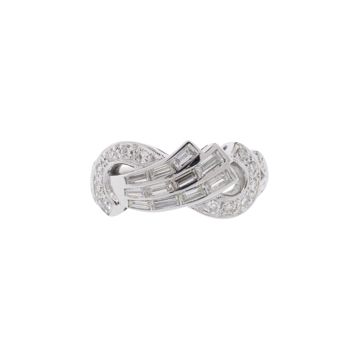 14K White Gold Baguette & Single Cut Diamond Swirl Ring
