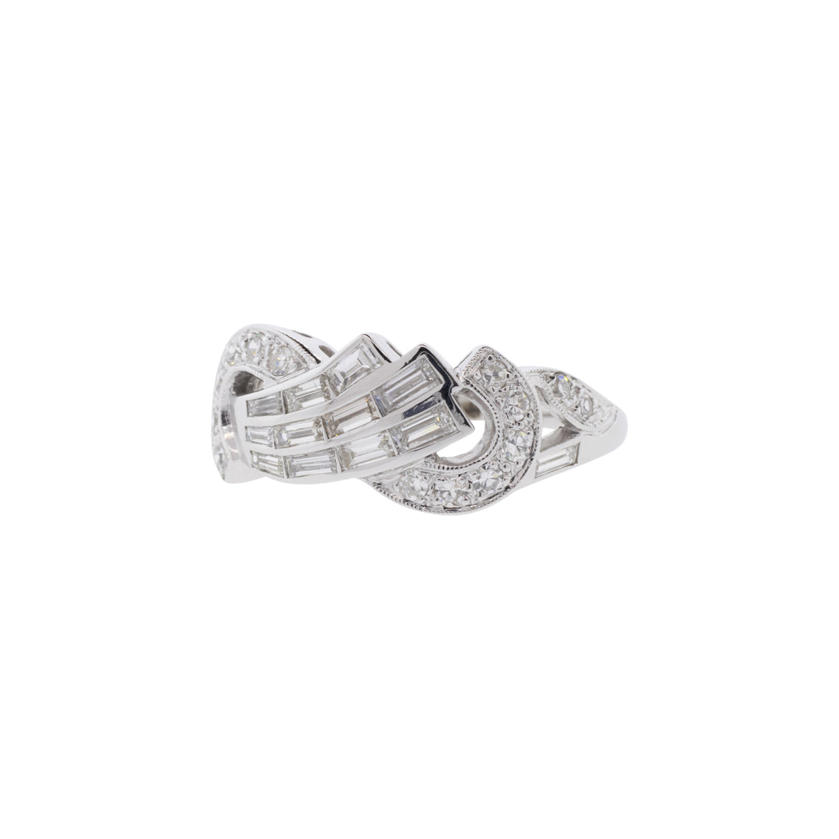 14K White Gold Baguette & Single Cut Diamond Swirl Ring