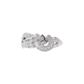 14K White Gold Baguette & Single Cut Diamond Swirl Ring