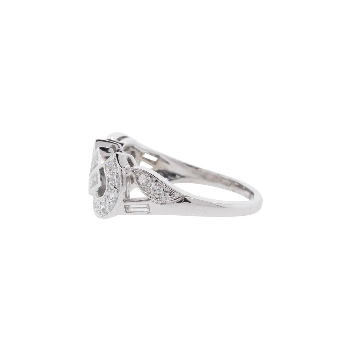 14K White Gold Baguette & Single Cut Diamond Swirl Ring