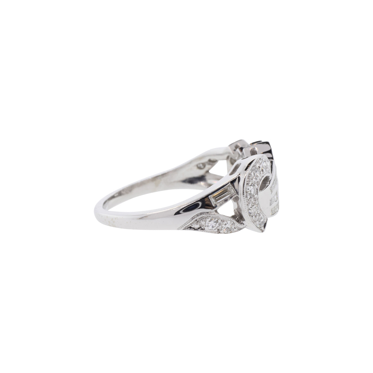 14K White Gold Baguette & Single Cut Diamond Swirl Ring